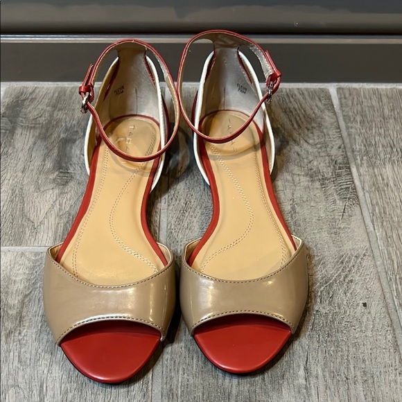 Tahari Fleur Sandals Cream and Red Peep-Toe with Adjustable Strap, size 7 1/2 - Picture 1 of 11